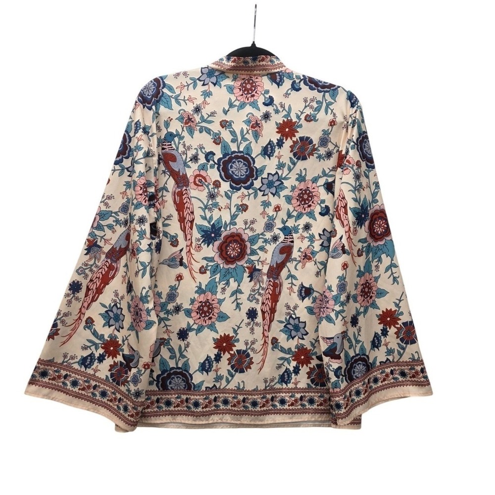 Boho Floral Bird Print Blouse XL Mock Neck Bell Sleeve Peacock Pattern Top - Picture 2 of 8